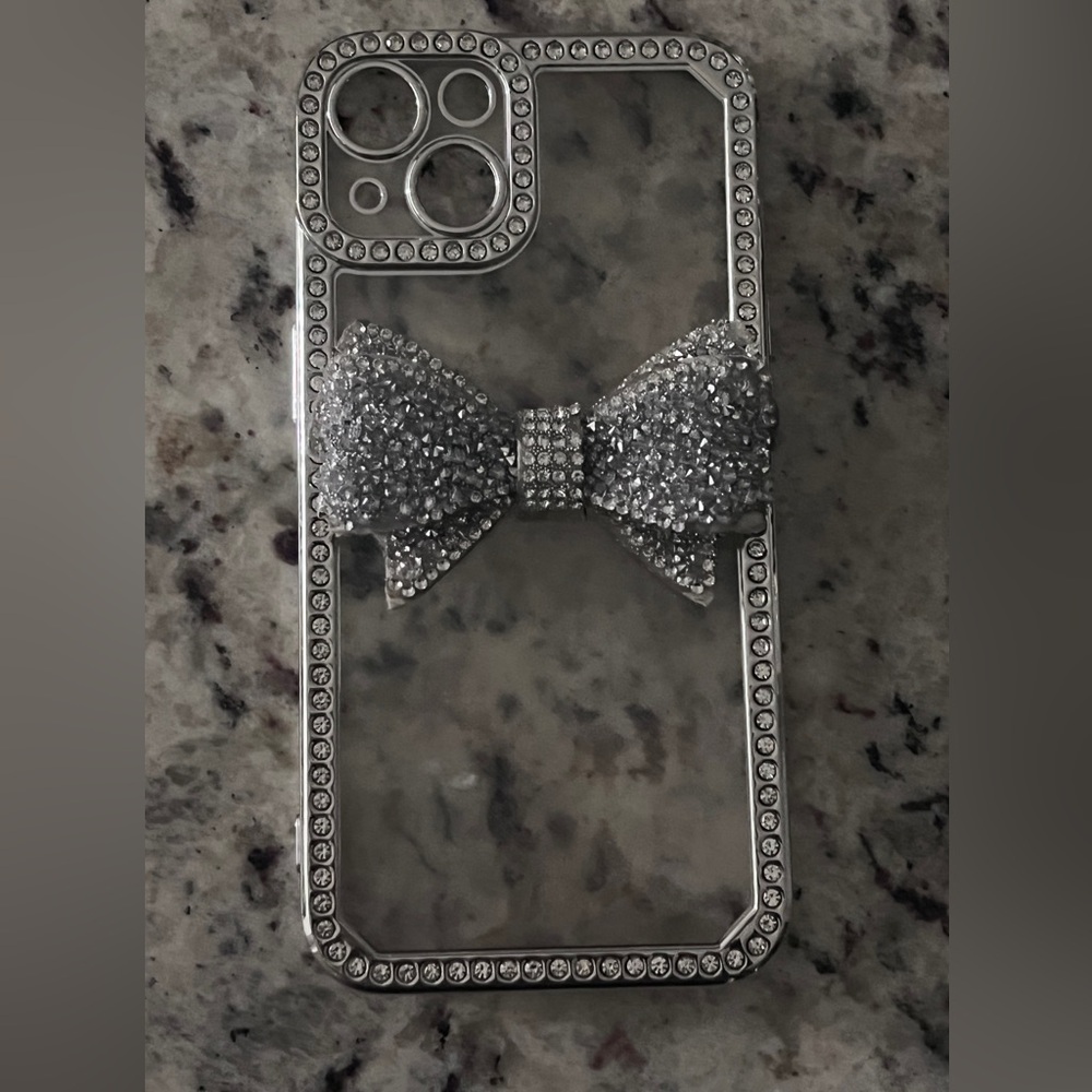 IPhone 13 case. Silver bow iPhone case with rhinestones #iPhoneCase